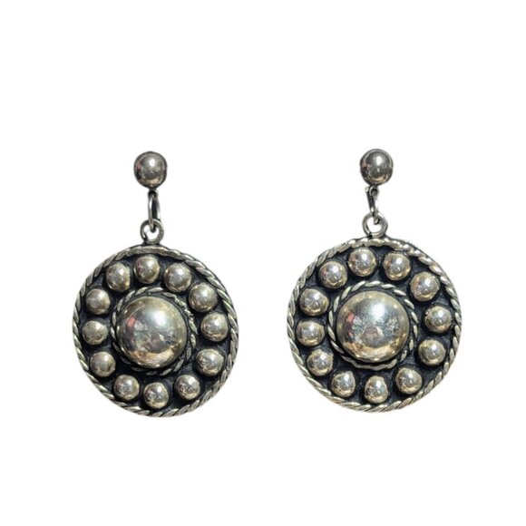 Vintage Studded Alpaca Silver Round Circular Post Drop Earrings Mexico Boho - Picture 1 of 7